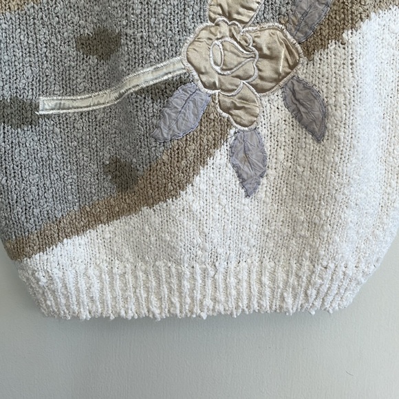 Vintage 80s Embellished Abstract Pastel Acrylic Sweater with floral appliqué - Picture 3 of 8